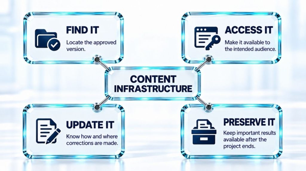 Content infrastructure: find the approved version, make it accessible to its audience, know how and where to update it, and preserve important results after the project ends.
