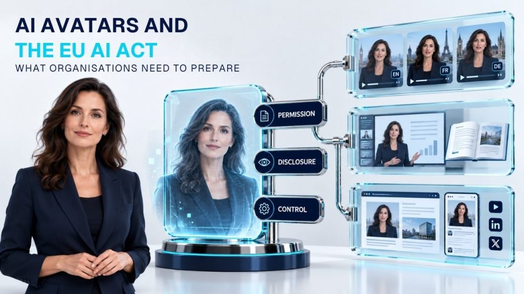 AI avatars and the EU AI Act: a presenter and her digital likeness connected to multilingual videos, training and online channels, with permission, disclosure and control.