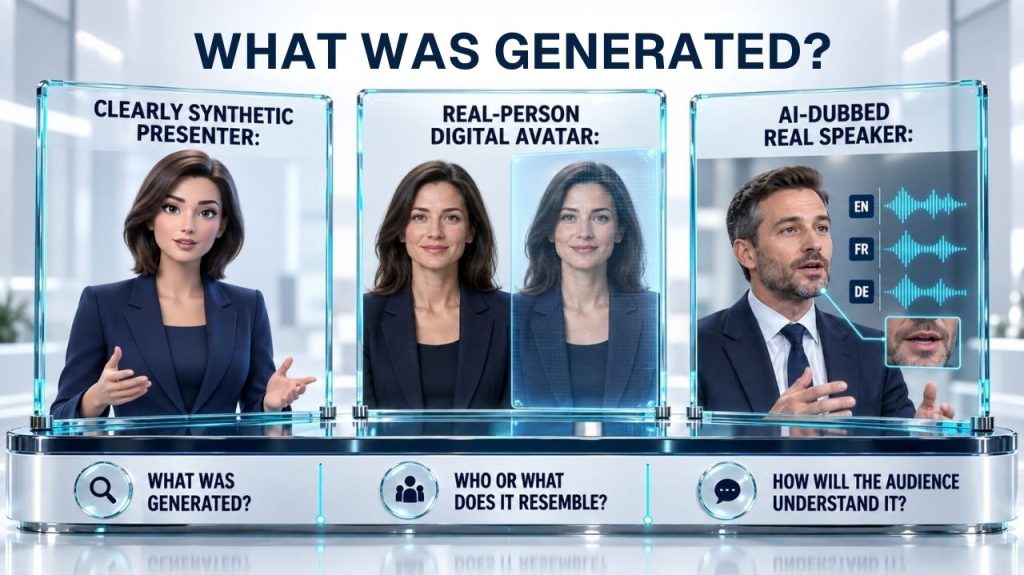 Comparison of a synthetic presenter, a real-person digital avatar and an AI-dubbed speaker. Assessment considers what was generated, resemblance and audience interpretation.