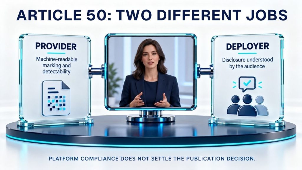 Two transparency roles connected to one AI-generated video: provider machine-readable marking and detectability, and deployer disclosure understood by the audience.