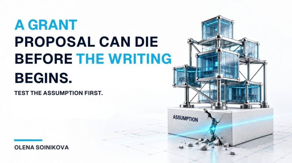 Conceptual visual showing a grant proposal built on a cracked assumption, illustrating the importance of testing project assumptions before proposal writing.