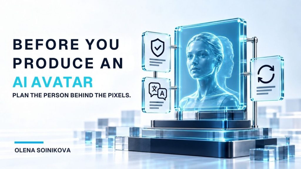 Before you produce an AI avatar: a glass digital twin surrounded by symbols for permissions, multilingual communication and content updates.