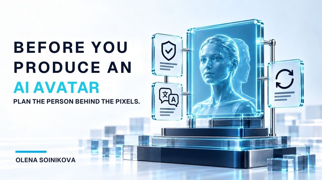 Before you produce an AI avatar: a glass digital twin surrounded by symbols for permissions, multilingual communication and content updates.