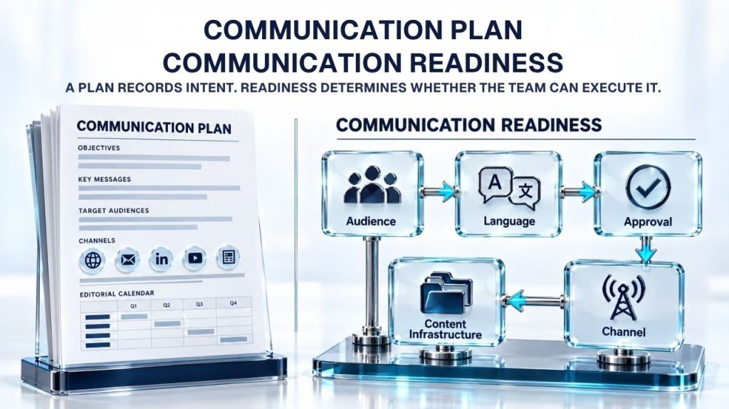 Communication plan versus communication readiness: a planning document beside a connected workflow linking audience, language, approval, channel and content infrastructure.
