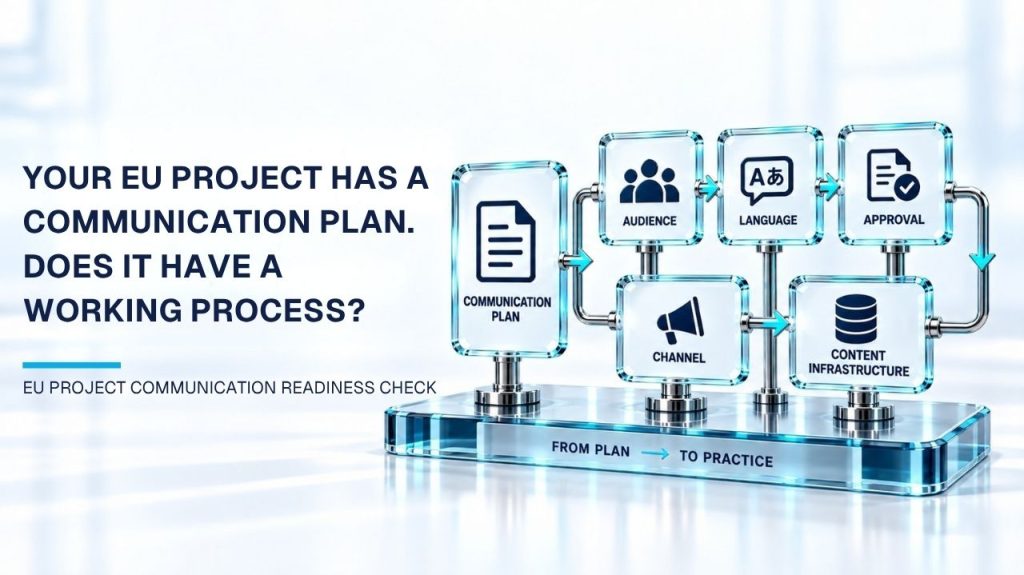 EU project communication plan connected to an operational workflow covering audience, language, approval, channels and content infrastructure.
