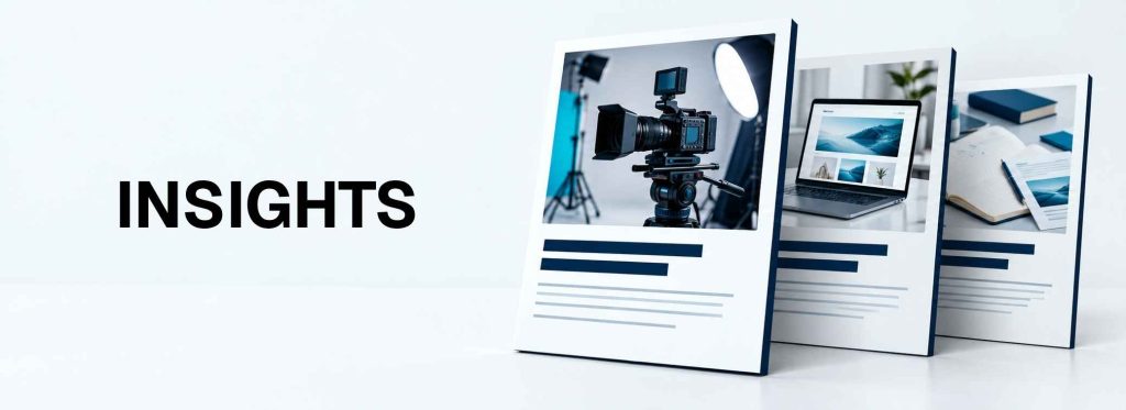 Three realistic article cards featuring video production, website design and research on a light background.