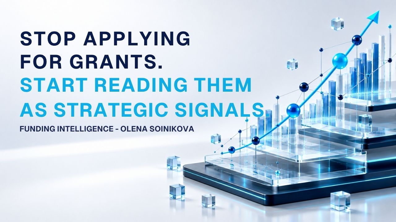 Funding intelligence visual showing grant opportunities as strategic signals, with a rising data chart and growth indicators.