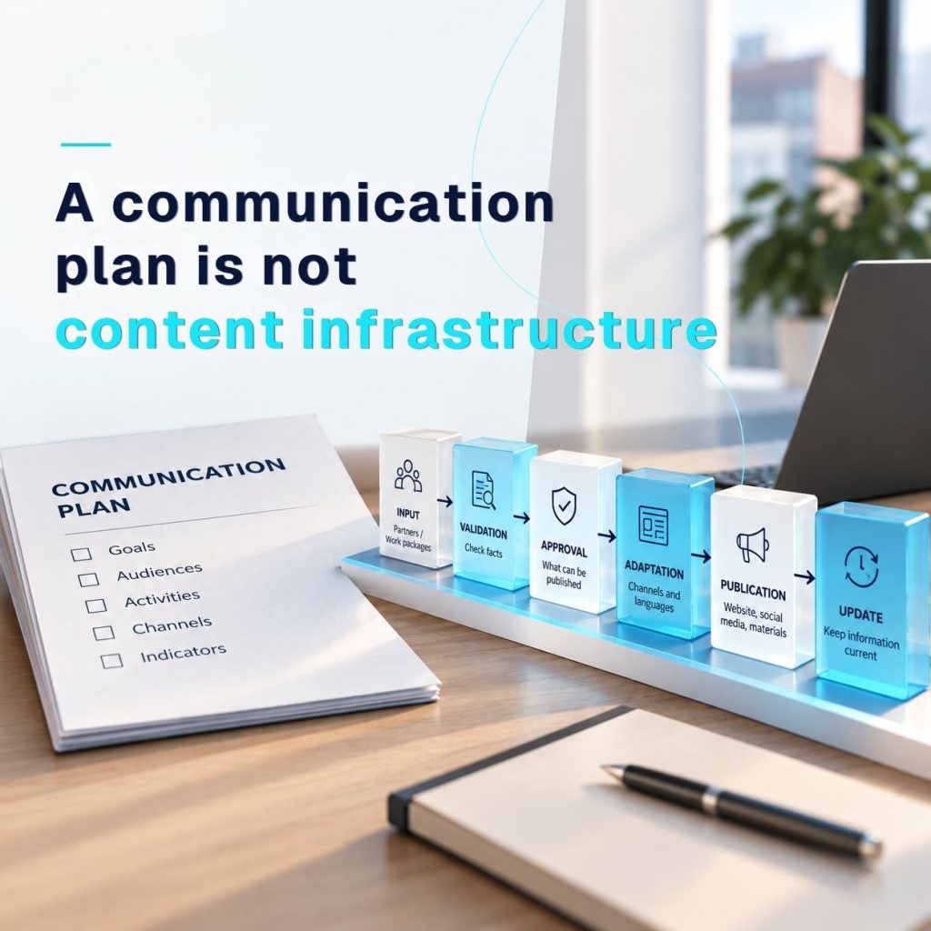 Communication plan shown alongside a content infrastructure workflow for input, validation, approval, adaptation, publication and ongoing updates.