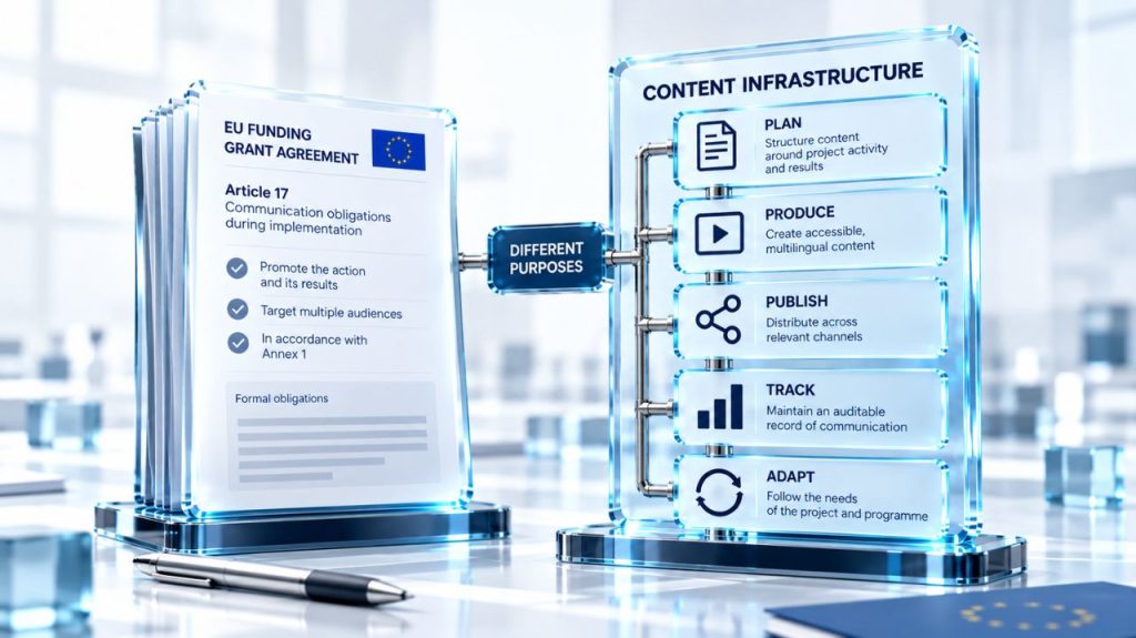 EU funding Grant Agreement obligations shown alongside a content infrastructure for planning, producing, publishing, tracking and adapting project communication.