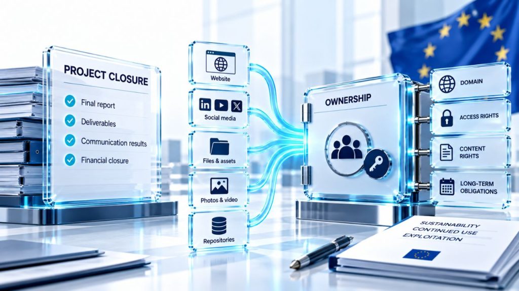 EU project closure process showing ownership of websites, social media, files, repositories, access rights and long-term communication obligations.